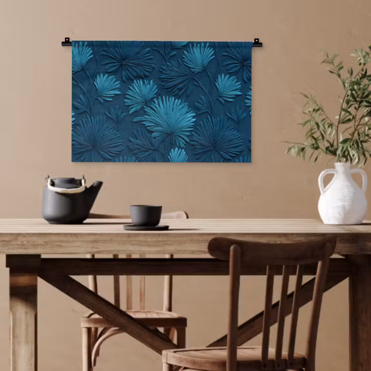 Bladeren - Reliëf - Patroon - Oceaanblauw - Modern Wandkleed katoen klein 269 -sfeer6