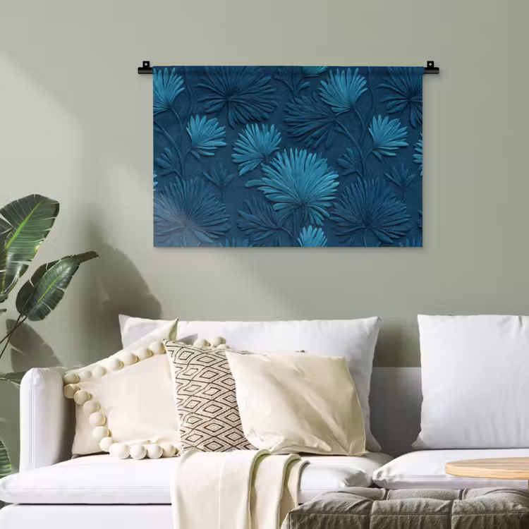 Bladeren - Reliëf - Patroon - Oceaanblauw - Modern Wandkleed katoen klein 269 -sfeer7