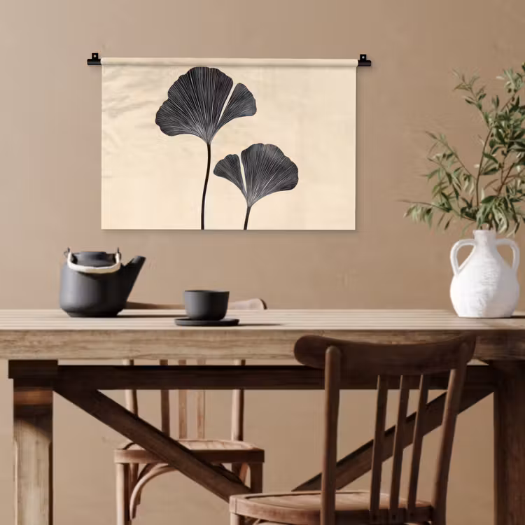 Bladeren - Minimalistisch - Zwart Wandkleed katoen klein -sfeer6