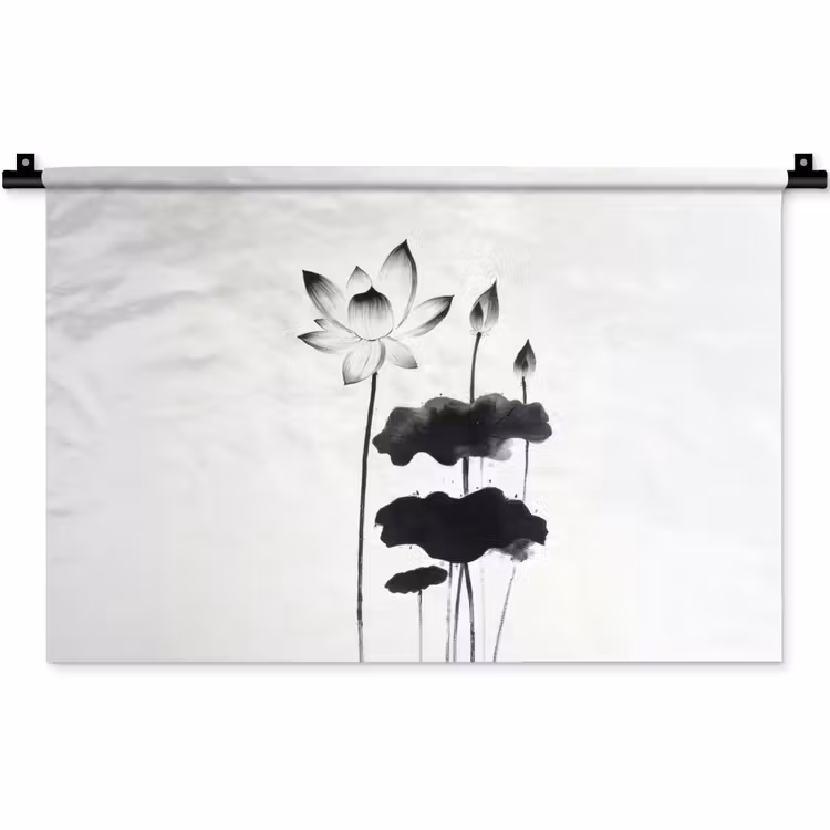 Bladeren - Zwart - Lotusbloem - Minimalitisch Wandkleed katoen klein -zz3d