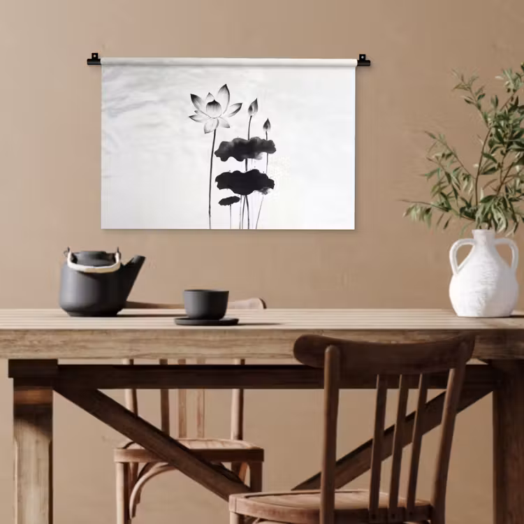 Bladeren - Zwart - Lotusbloem - Minimalitisch Wandkleed katoen klein -sfeer6