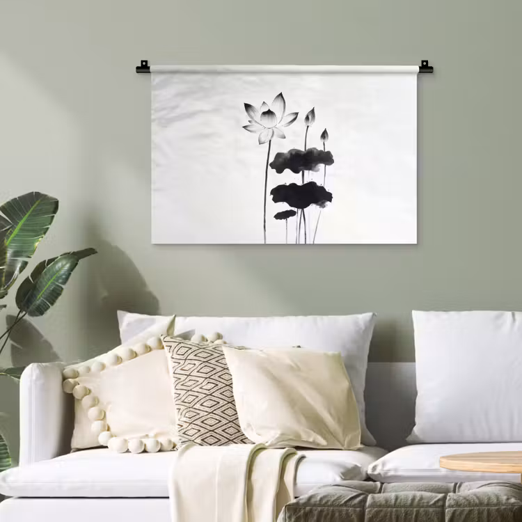 Bladeren - Zwart - Lotusbloem - Minimalitisch Wandkleed katoen klein -sfeer7
