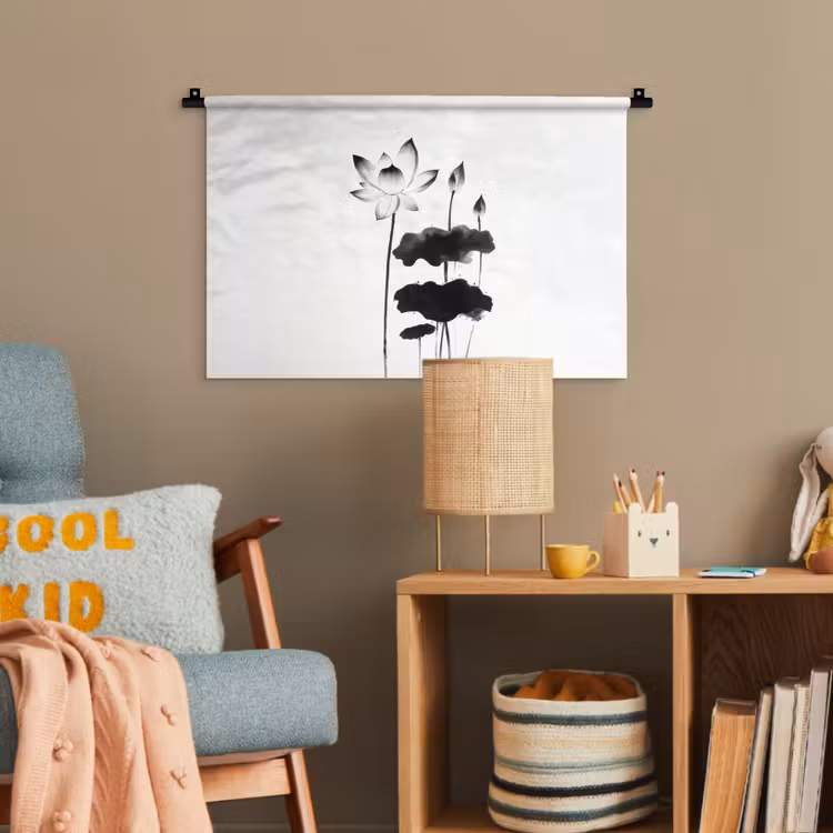 Bladeren - Zwart - Lotusbloem - Minimalitisch Wandkleed katoen klein -wsfeer4_kind