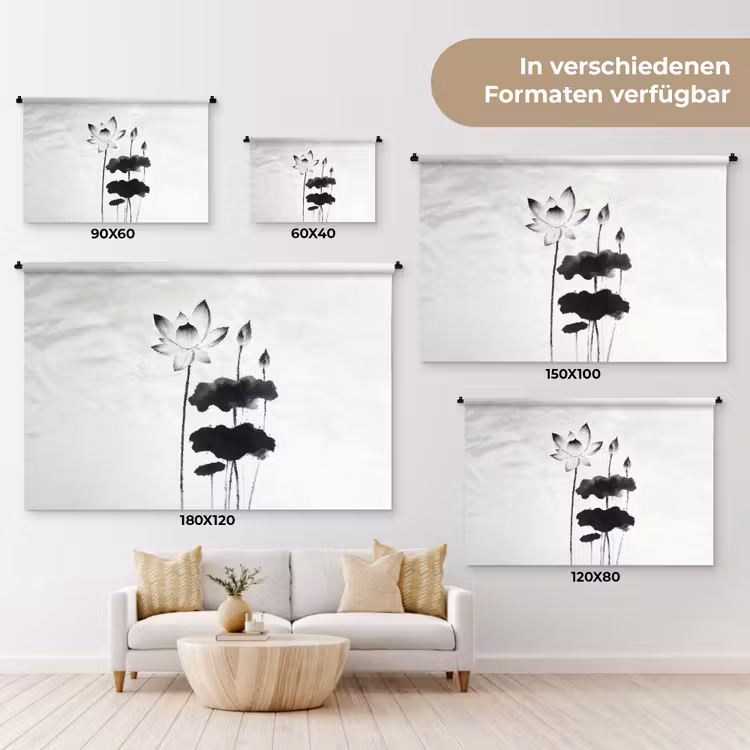 Bladeren - Zwart - Lotusbloem - Minimalitisch Wandkleed katoen klein -tsfeer8_DE