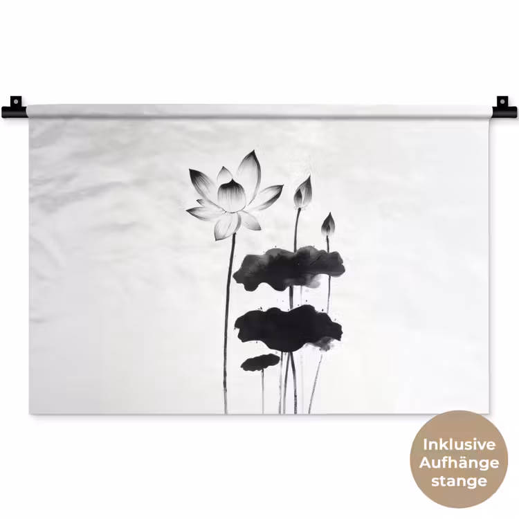 Bladeren - Zwart - Lotusbloem - Minimalitisch Wandkleed katoen klein -t3d_DE