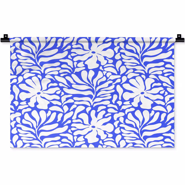 Blauw - Bloemen - Wit Wandkleed katoen klein 269 -zz3d