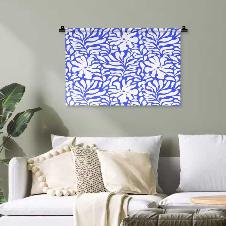 Blauw - Bloemen - Wit Wandkleed katoen klein 269 -sfeer7