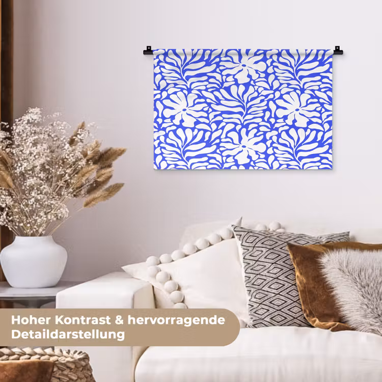 Blauw - Bloemen - Wit Wandkleed katoen klein 269 -tsfeer1_DE