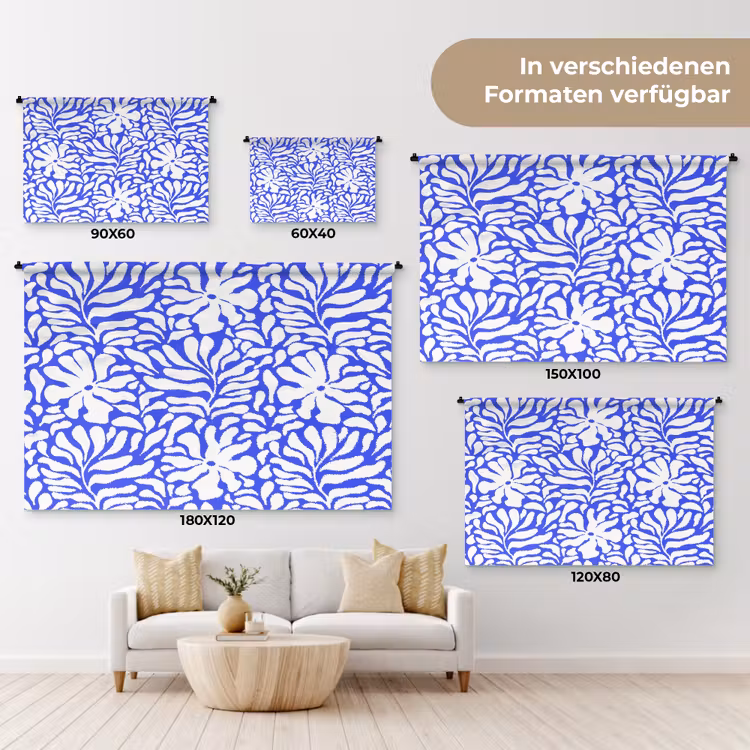Blauw - Bloemen - Wit Wandkleed katoen klein 269 -tsfeer8_DE