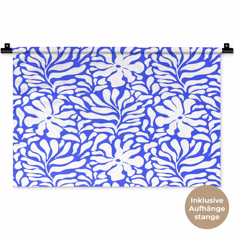 Blauw - Bloemen - Wit Wandkleed katoen klein 269 -t3d_DE