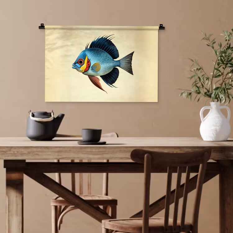 Blauw - Kieuwen - Vis - Illustratie Wandkleed katoen klein -sfeer6