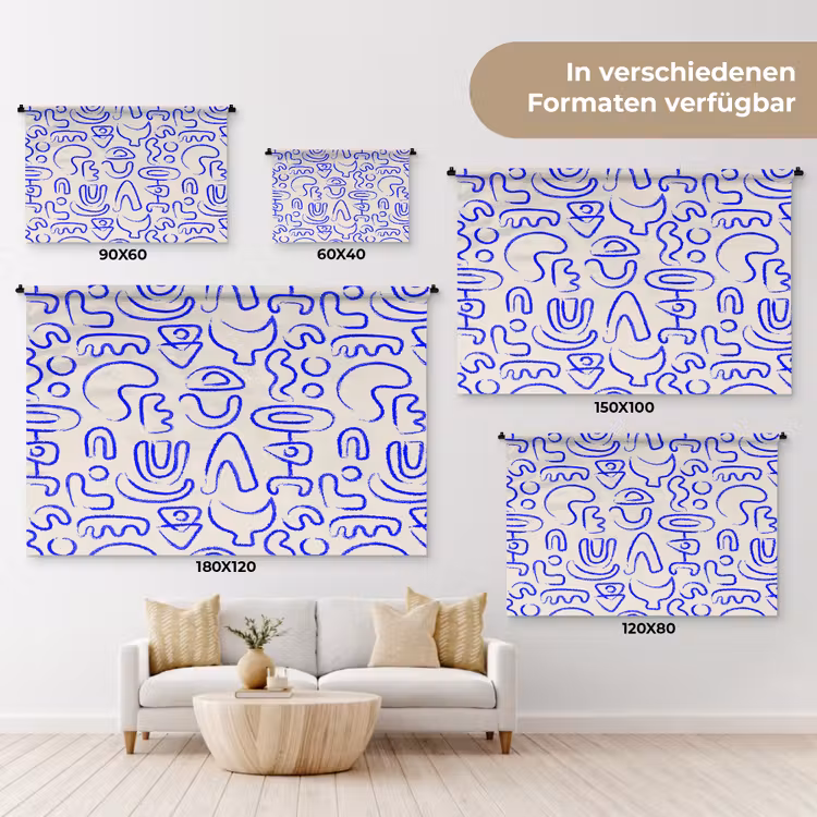 Blauw - Patroon - Abstract - Beige Wandkleed katoen klein 269 -tsfeer8_DE
