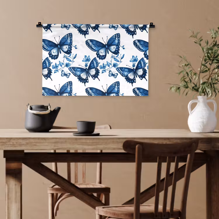 Blauw - Vlinders - Bloemen - Wit Wandkleed katoen klein 269 -sfeer6