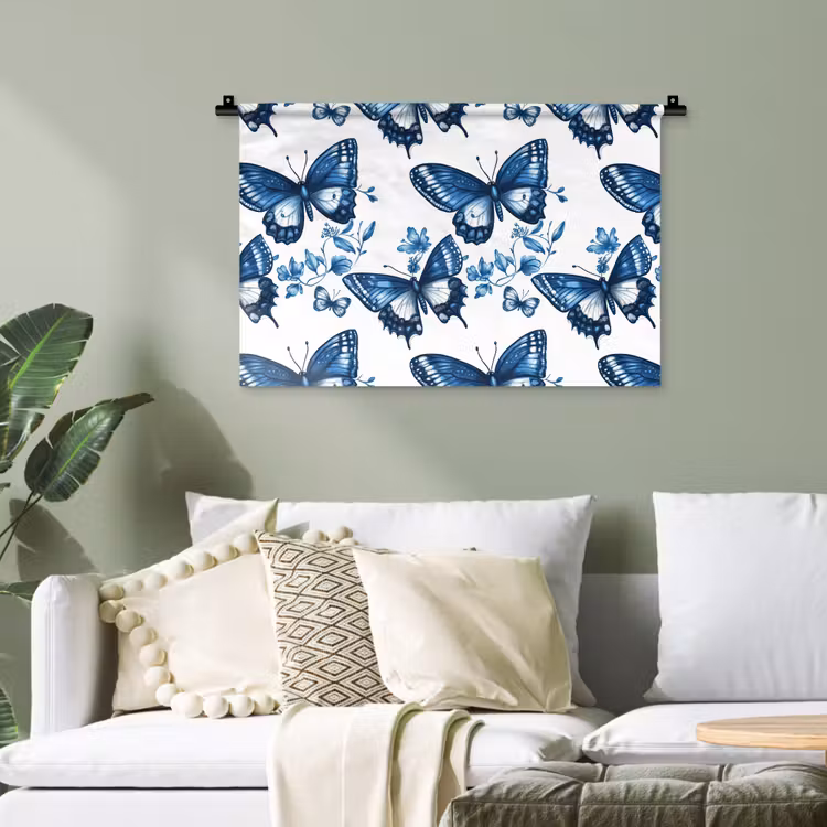 Blauw - Vlinders - Bloemen - Wit Wandkleed katoen klein 269 -sfeer7