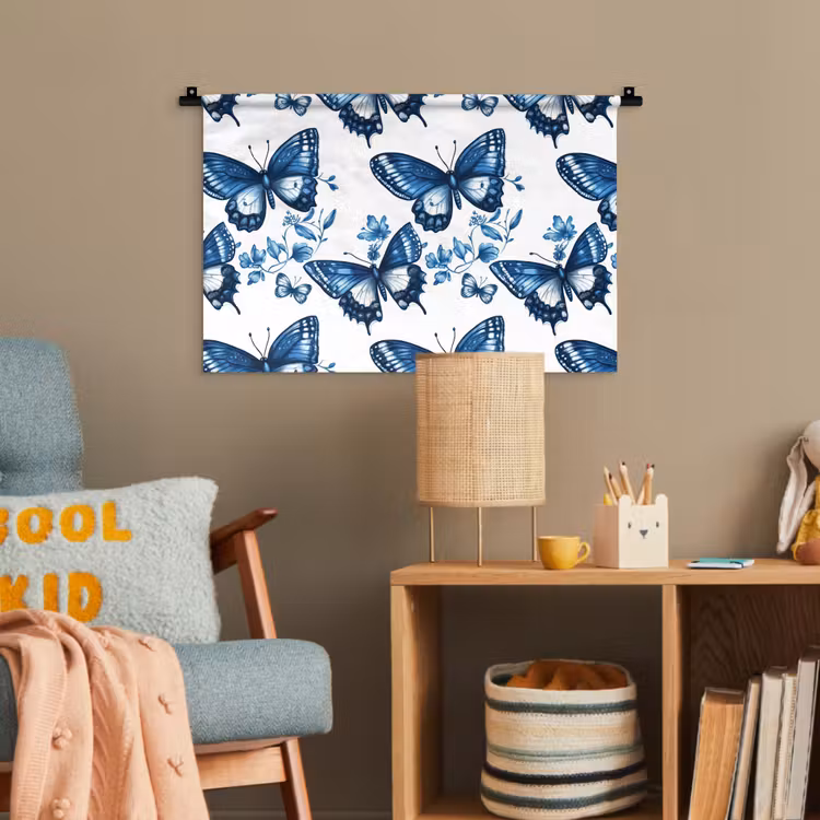 Blauw - Vlinders - Bloemen - Wit Wandkleed katoen klein 269 -wsfeer4_kind
