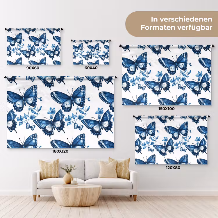 Blauw - Vlinders - Bloemen - Wit Wandkleed katoen klein 269 -tsfeer8_DE