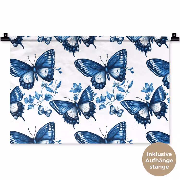Blauw - Vlinders - Bloemen - Wit Wandkleed katoen klein 269 -t3d_DE