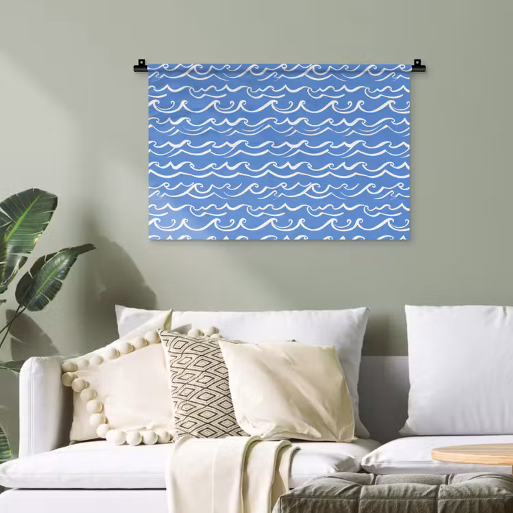 Blauw - Wit - Simpel - Getekend - Golven Wandkleed katoen klein 269 -sfeer7