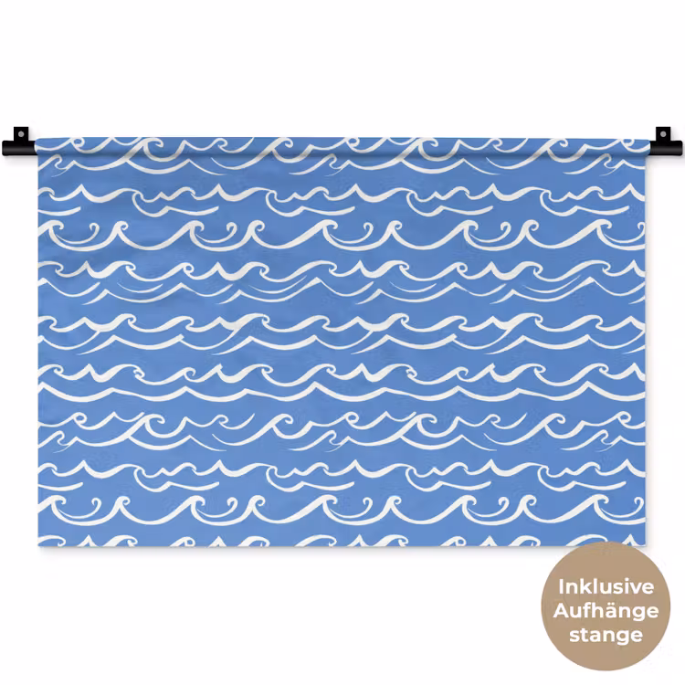 Blauw - Wit - Simpel - Getekend - Golven Wandkleed katoen klein 269 -t3d_DE
