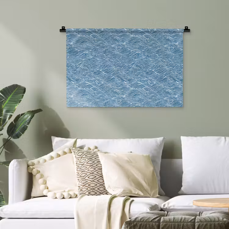 Blauw - Wit - Golven - Getekend - Textuur Wandkleed katoen klein 269 -sfeer7