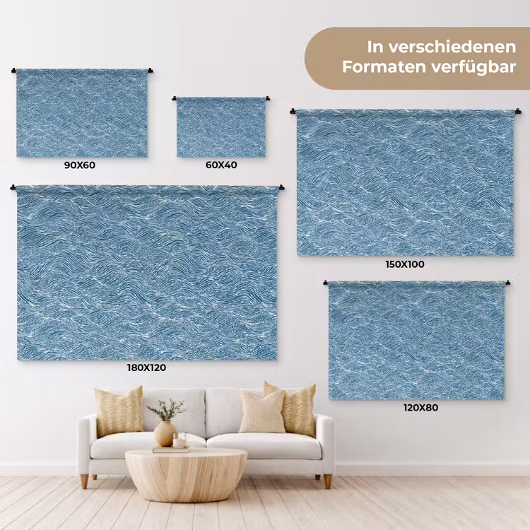 Blauw - Wit - Golven - Getekend - Textuur Wandkleed katoen klein 269 -tsfeer8_DE