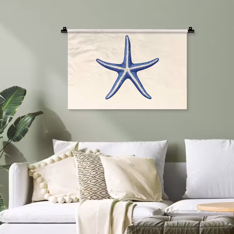 Blauwe zeester - Minimalistisch - Beige Wandkleed katoen klein -sfeer7