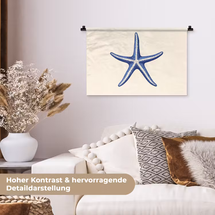 Blauwe zeester - Minimalistisch - Beige Wandkleed katoen klein -tsfeer1_DE