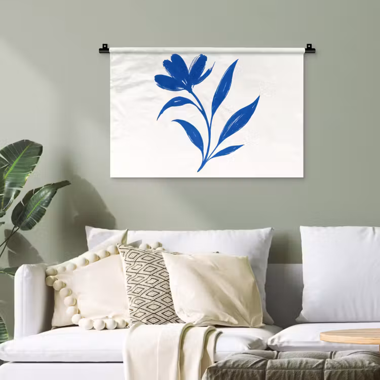 Bloem - Blaadjes - Minimalistisch - Blauw Wandkleed katoen klein -sfeer7