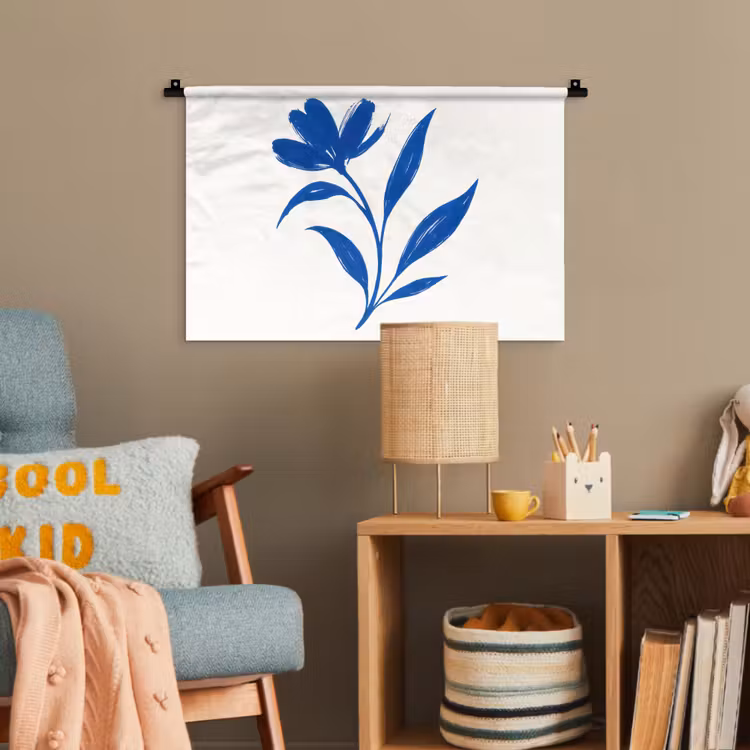 Bloem - Blaadjes - Minimalistisch - Blauw Wandkleed katoen klein -wsfeer4_kind