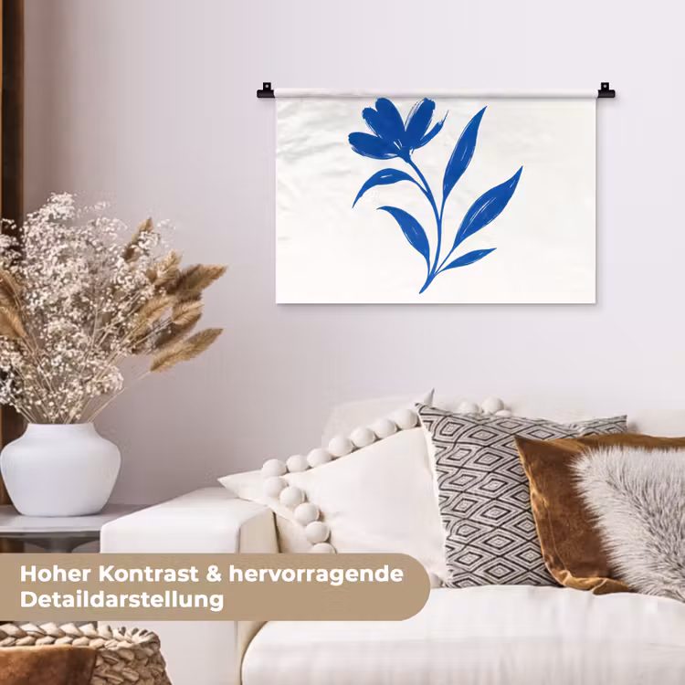 Bloem - Blaadjes - Minimalistisch - Blauw Wandkleed katoen klein -tsfeer1_DE