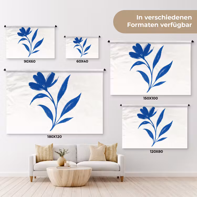 Bloem - Blaadjes - Minimalistisch - Blauw Wandkleed katoen klein -tsfeer8_DE