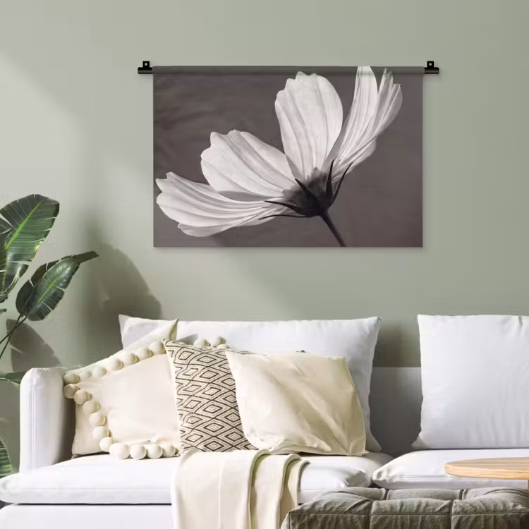 Bloem - Minimalistisch - Zwart - Wit Wandkleed katoen klein -sfeer7