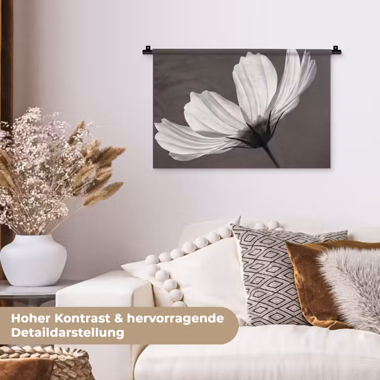 Bloem - Minimalistisch - Zwart - Wit Wandkleed katoen klein -tsfeer1_DE