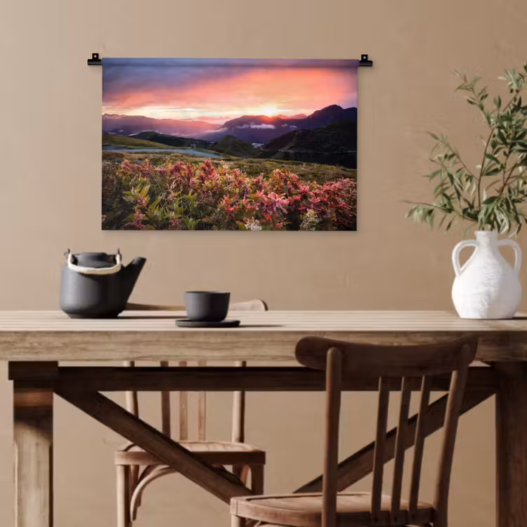 Bloemen - Bergen - Landschap - Nacht - Lucht - Roze Wandkleed katoen klein -sfeer6