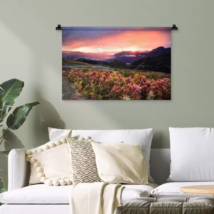 Bloemen - Bergen - Landschap - Nacht - Lucht - Roze Wandkleed katoen klein -sfeer7