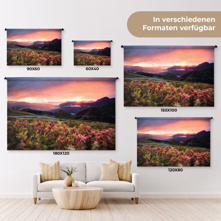 Bloemen - Bergen - Landschap - Nacht - Lucht - Roze Wandkleed katoen klein -tsfeer8_DE