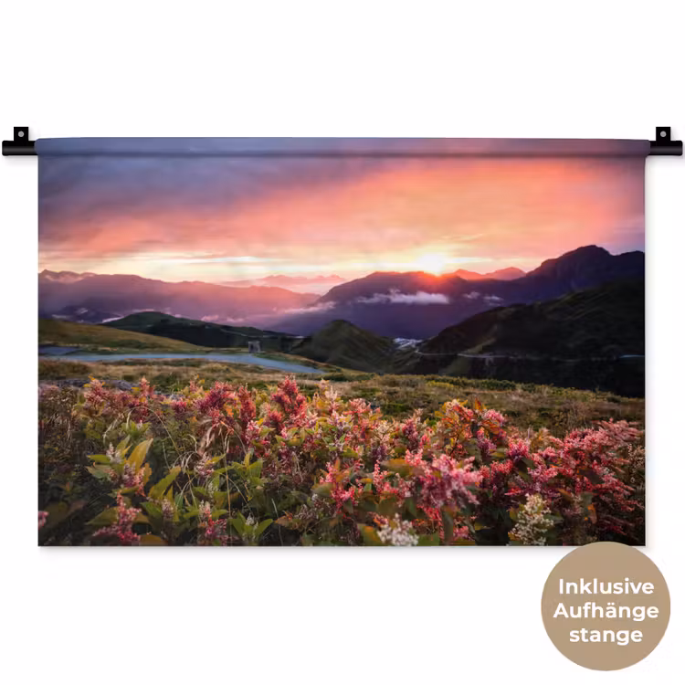 Bloemen - Bergen - Landschap - Nacht - Lucht - Roze Wandkleed katoen klein -t3d_DE