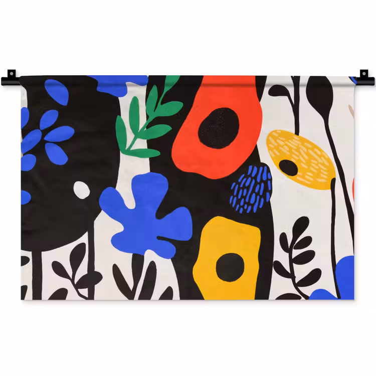 Bloemen - Bladeren - Abstract - Zwart Wandkleed katoen klein -zz3d