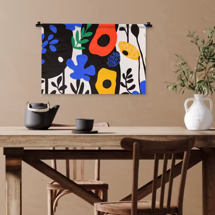 Bloemen - Bladeren - Abstract - Zwart Wandkleed katoen klein -sfeer6