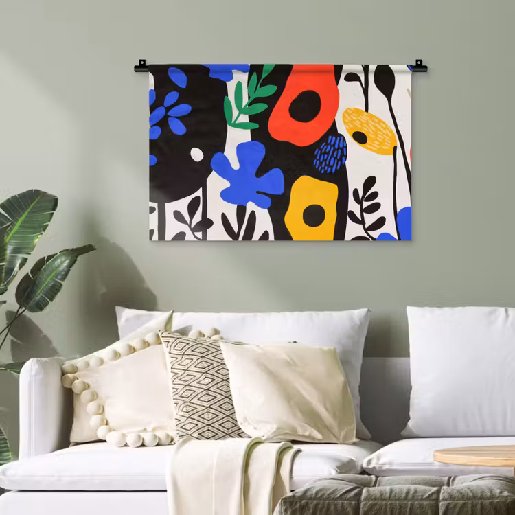 Bloemen - Bladeren - Abstract - Zwart Wandkleed katoen klein -sfeer7