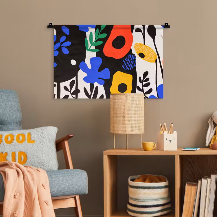Bloemen - Bladeren - Abstract - Zwart Wandkleed katoen klein -wsfeer4_kind