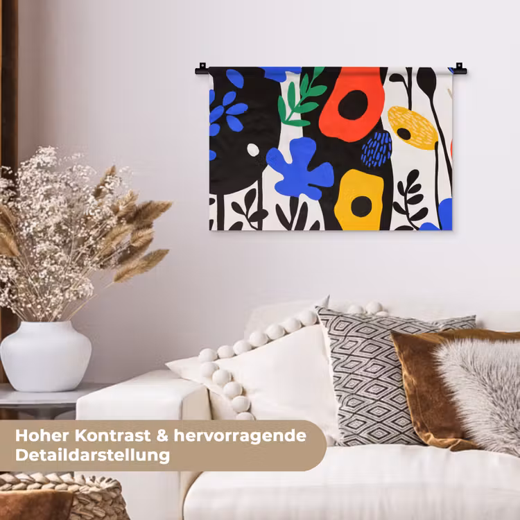 Bloemen - Bladeren - Abstract - Zwart Wandkleed katoen klein -tsfeer1_DE