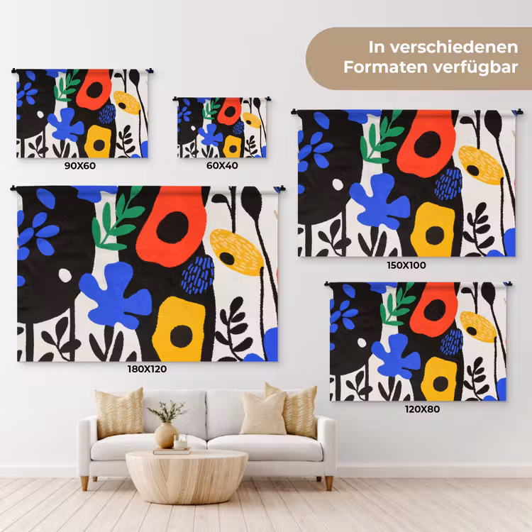 Bloemen - Bladeren - Abstract - Zwart Wandkleed katoen klein -tsfeer8_DE