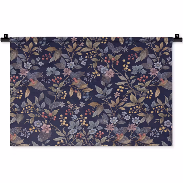 Bloemen - Bladeren - Patroon - Botanisch - Donkerblauw Wandkleed katoen klein -zz3d