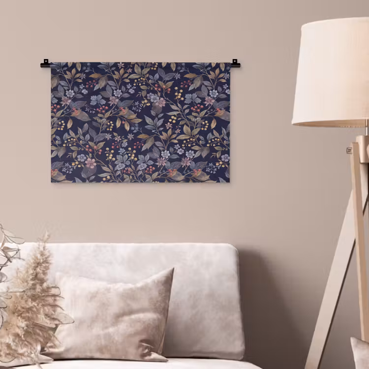 Bloemen - Bladeren - Patroon - Botanisch - Donkerblauw Wandkleed katoen klein -sfeer4