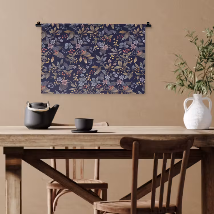 Bloemen - Bladeren - Patroon - Botanisch - Donkerblauw Wandkleed katoen klein -sfeer6