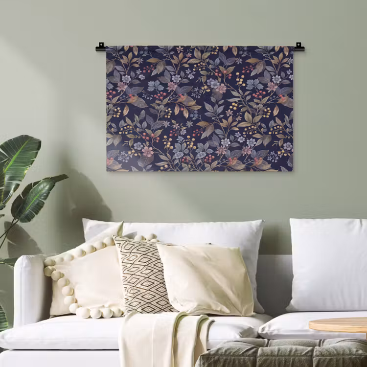 Bloemen - Bladeren - Patroon - Botanisch - Donkerblauw Wandkleed katoen klein -sfeer7