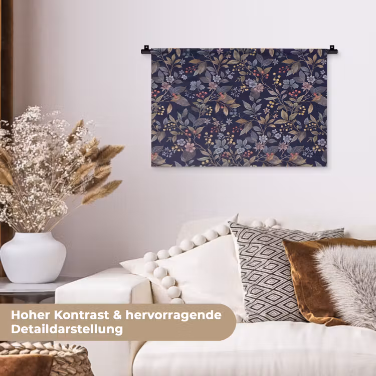 Bloemen - Bladeren - Patroon - Botanisch - Donkerblauw Wandkleed katoen klein -tsfeer1_DE