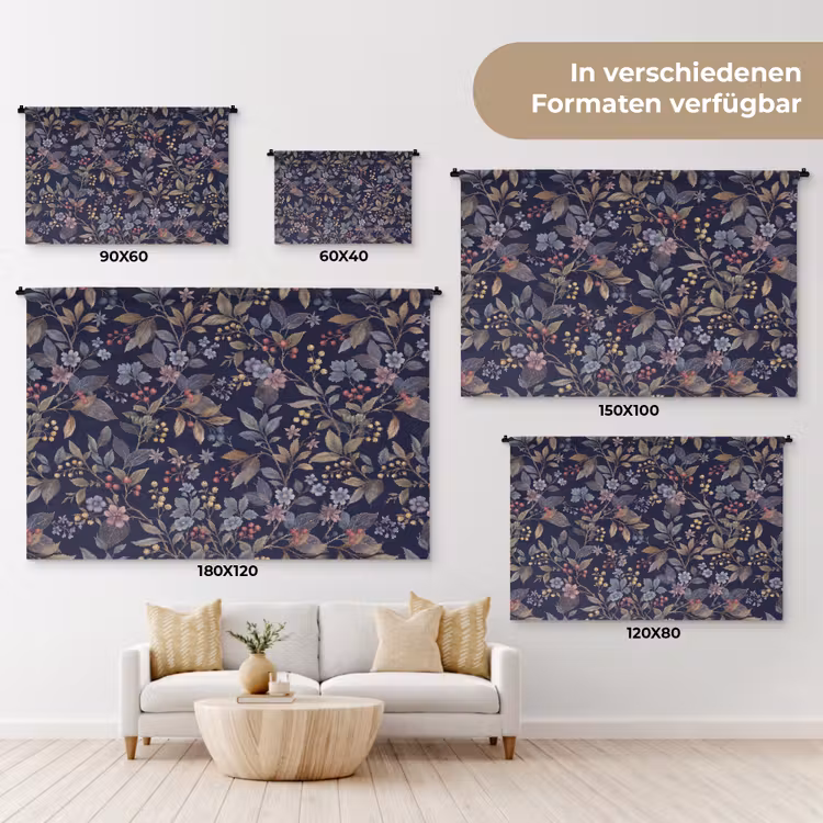 Bloemen - Bladeren - Patroon - Botanisch - Donkerblauw Wandkleed katoen klein -tsfeer8_DE