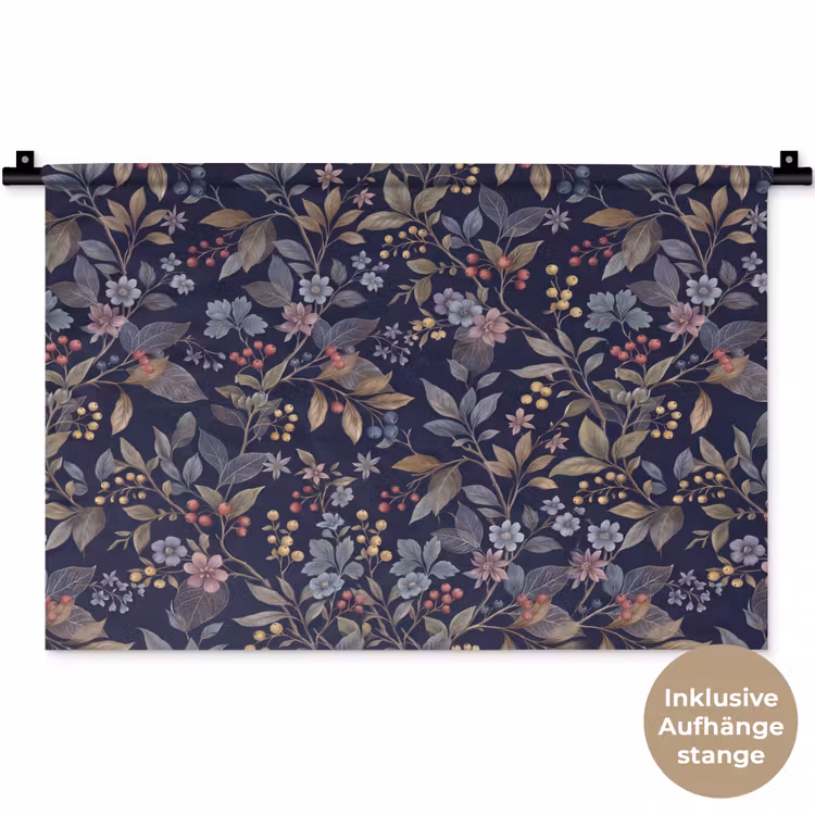Bloemen - Bladeren - Patroon - Botanisch - Donkerblauw Wandkleed katoen klein -t3d_DE